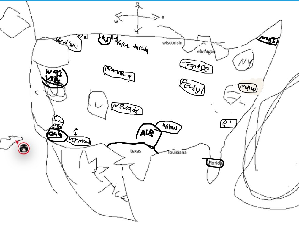 scrtmatt's tweet photo. @nicowawa 's map of the unites states without knowing where any of the states are so far https://t.co/Qazihrgvx7
