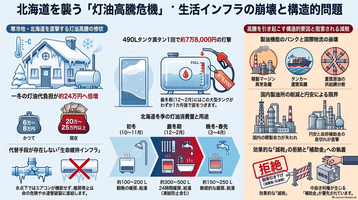 johnnys_dream's tweet photo. 灯油159円/Lの場合、満タン1回（約400〜450L）で約6万3,000〜7万1,000円。厳冬期の月間燃料費は4万8,000〜6万4,000円に上り、一冬（1,500L消費）の総額は約23万8,500円になる。

かつて灯油が1リットル40〜50円台（一冬6万〜8万円）だった時代と比べ、20万円近い現金を追加で吸い上げられることになる。

電気代高騰も重なり、年金生活世帯や低所得層は冬を越すために食費や医療費を削らざるを得ない状況に追い込まれている。

それでも、カルト高市政権には、庶民の痛みは届くまい。