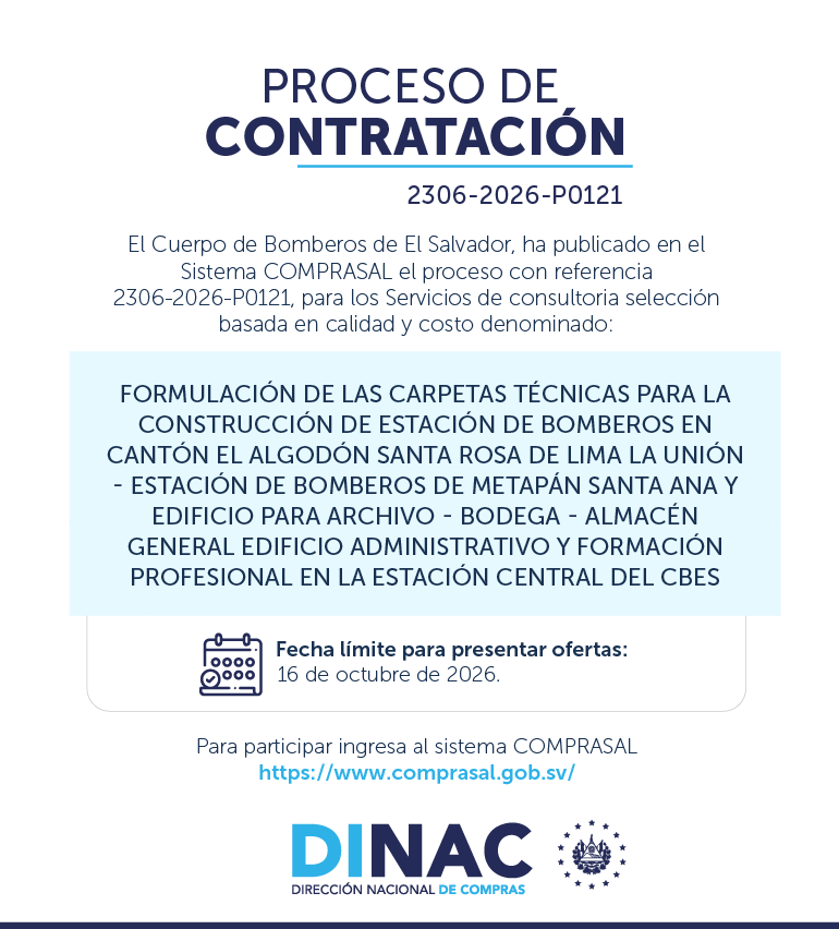 DINACsv's tweet photo. 💼 ¿Eres proveedor? Esta oportunidad puede ser para ti.
@BomberosSV ha publicado un nuevo proceso de Servicios de consultoría de selección basada en calidad y costo en #COMPRASAL.
📅 Fecha de recepción de ofertas: 16 de octubre 2026.
https://t.co/KCPRwQkEOt
#DINAC #ComprasSV https://t.co/WBGfgFk8zg