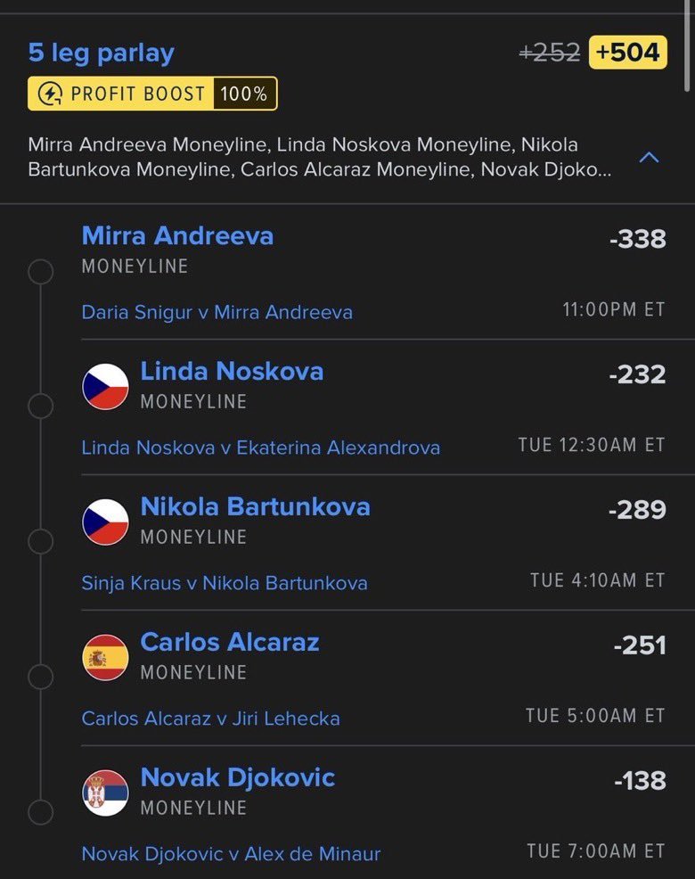 JudgmentParlays's tweet photo. 🎾 TENNIS MONEYLINE PARLAY 🎾

LET’S CASH THIS ONE. 🔒💰 https://t.co/ugMRcA8bn2
