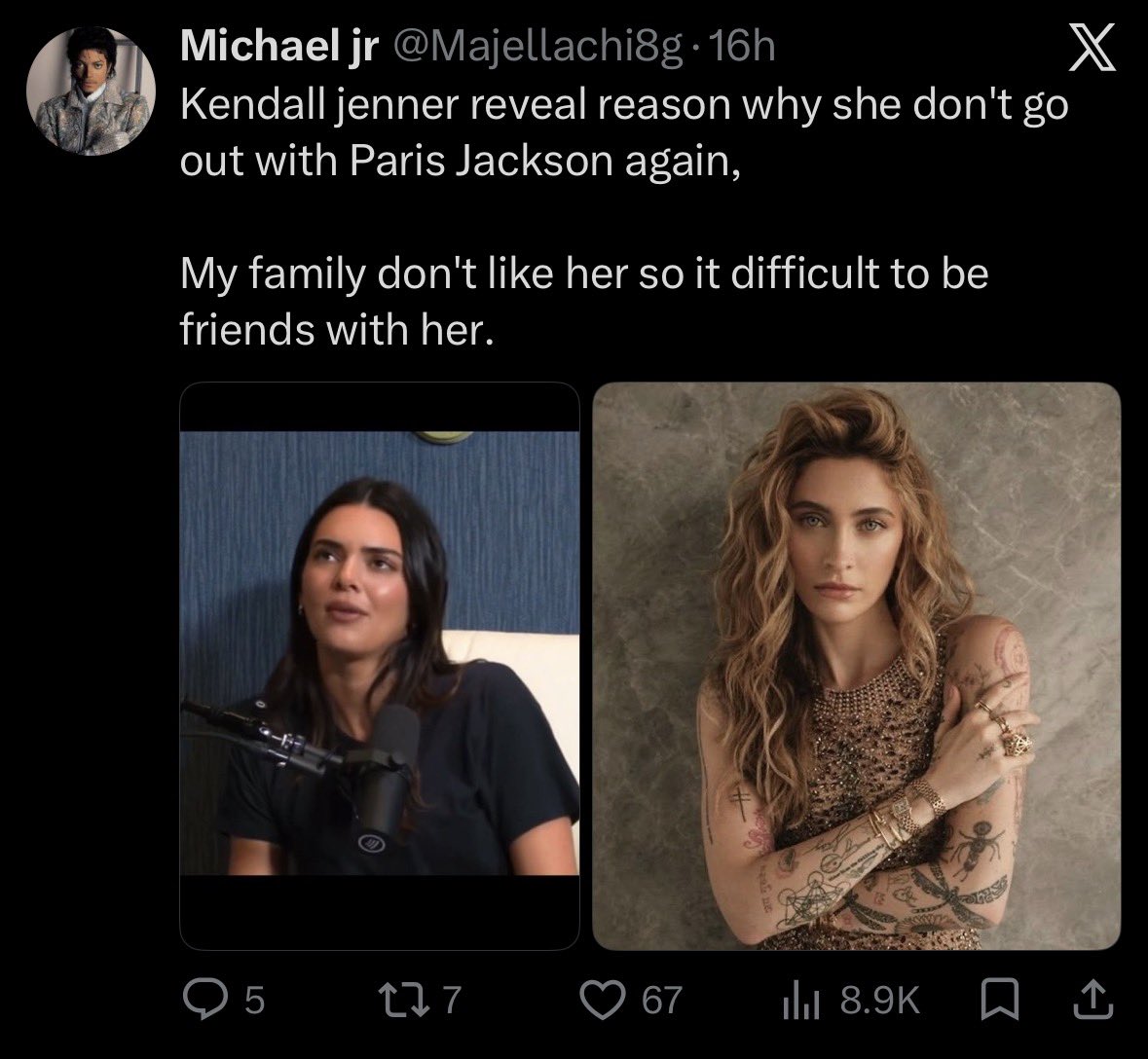bensoffthewall's tweet photo. this person is tweeting some veryyy weird stuff &amp; creating completely untrue rumors and spreading misinformation about paris &amp; michael. they also post ai photos. i have quite a few oomfs following them so please be aware that this acc is very sketchy &amp; weird https://t.co/CyXBECZ74z