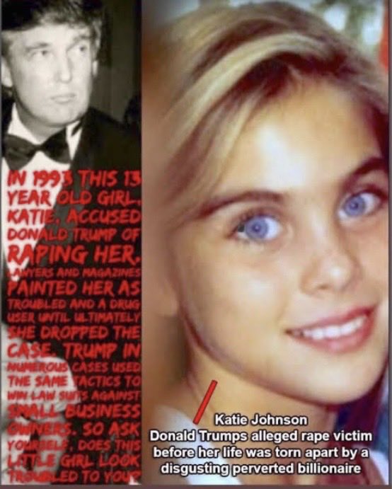 commons96055467's tweet photo. Katie Johnson was a 13 year old blond, blue eyes California girl, when trump and Epstein raped her. In 1993 she sat through a deposition and identified trump as the rapist. Then, she was threatened with her life by trump and Epstein. She went dark after that. MAGA tells you it’s fake story. Read this part of the deposition. She is not the only one trump has done that to. Shascha Riley is the boy, now a veteran, who trump raped him too. Read his account here too.