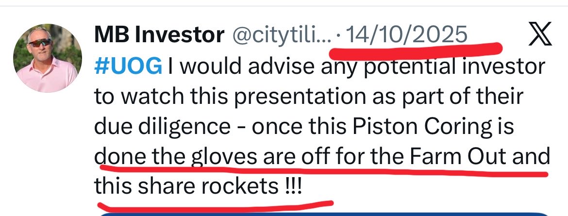 MiningGiant1982's tweet photo. All you’ve done for a yr is regurgitate the same posts trying to drive the SP on the sham belief that you’ve got inside info 👎🏼
If Brian & #UOG @UOGPLC had any sense, they would cut all comms with you, because you’re dangerous for shareholders.
Leave it to @smallcappixuk 👍🏼 https://t.co/pnXGFQdTHN