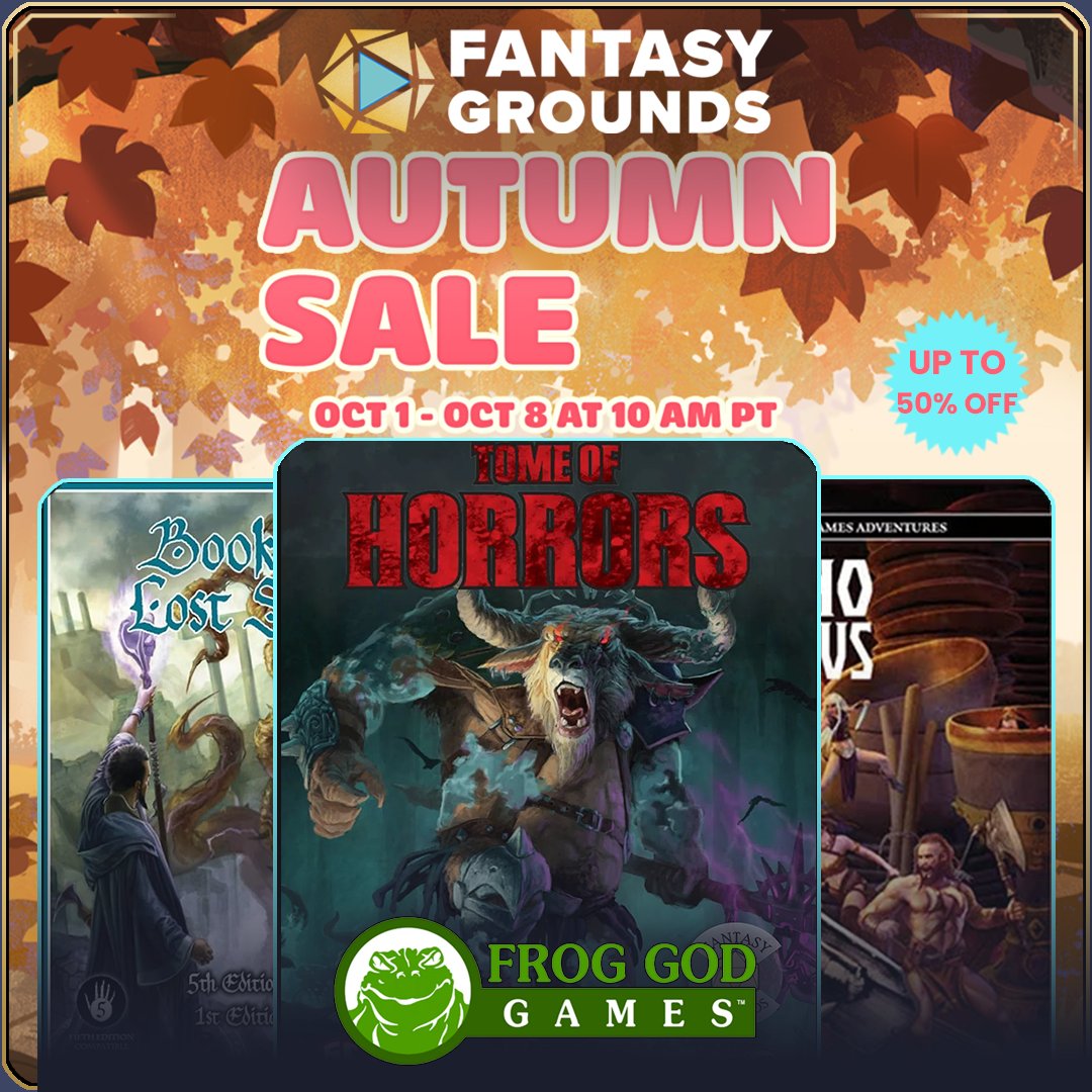 FrogGodGames's tweet photo. The leaves are falling. The dice are rolling. Your virtual library could use some new adventures.

Fantasy Grounds is having its Autumn Sale, making it a good time for Frog God Games fans to stock up on adventures and supplements for their virtual tabletop.

Whether you're a seasoned GM preparing for your next campaign or just looking for something new to unleash on your players, take a look at the Frog God Games selection on Fantasy Grounds.

Because there is no such thing as being too prepared for game night.

Unless you're a player.

Then you're probably doomed anyway.

Shop the Fantasy Grounds Autumn Sale today.