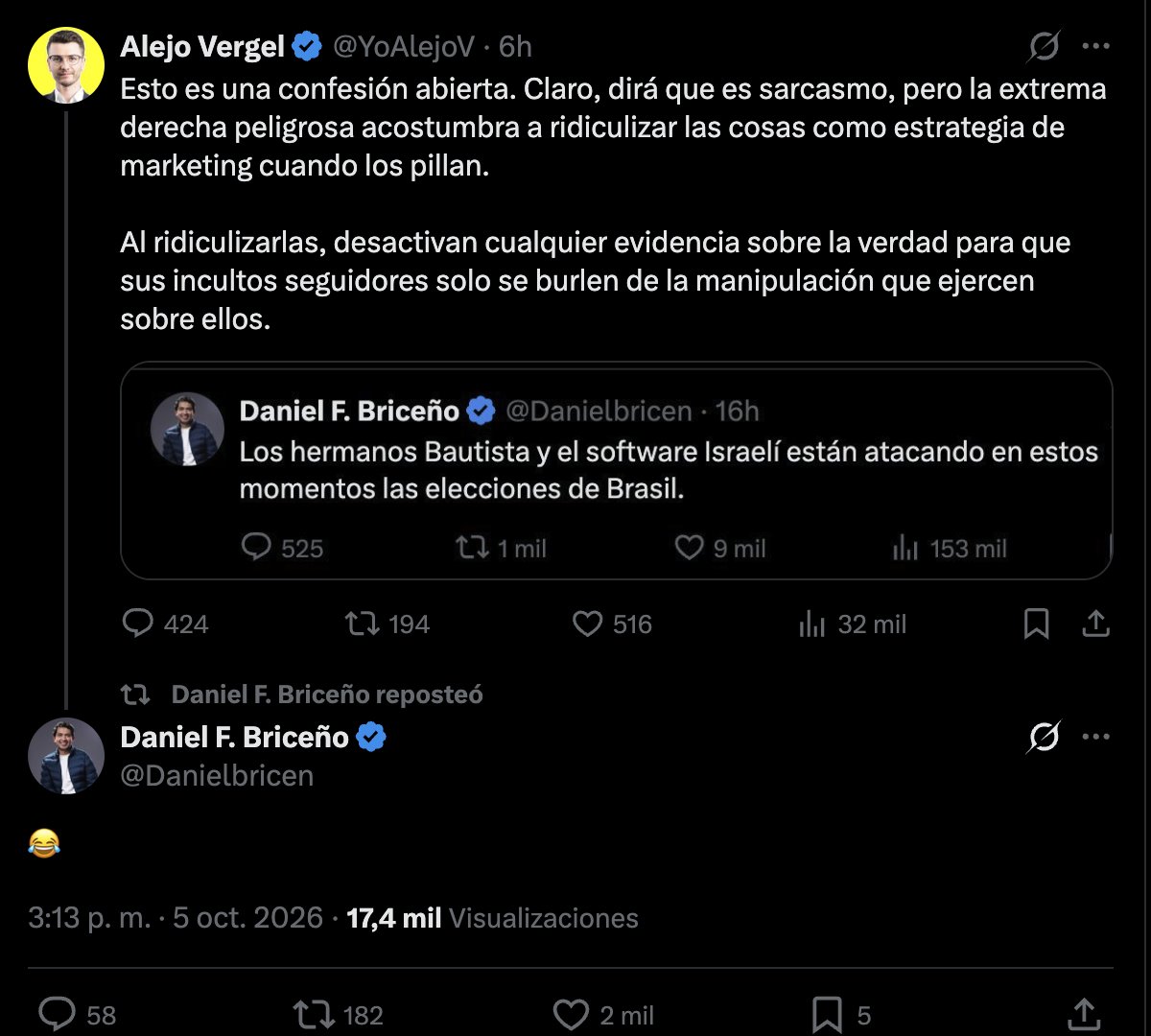 YoAlejoV's tweet photo. Uy, saqué del inframundo de las bodegas a Briceño. Jajaja. Veo que le dolió que lo expusiera.

Es tan patético, que le tocó darse RT a su propio trino.

🤣 https://t.co/Htw67ItMsk