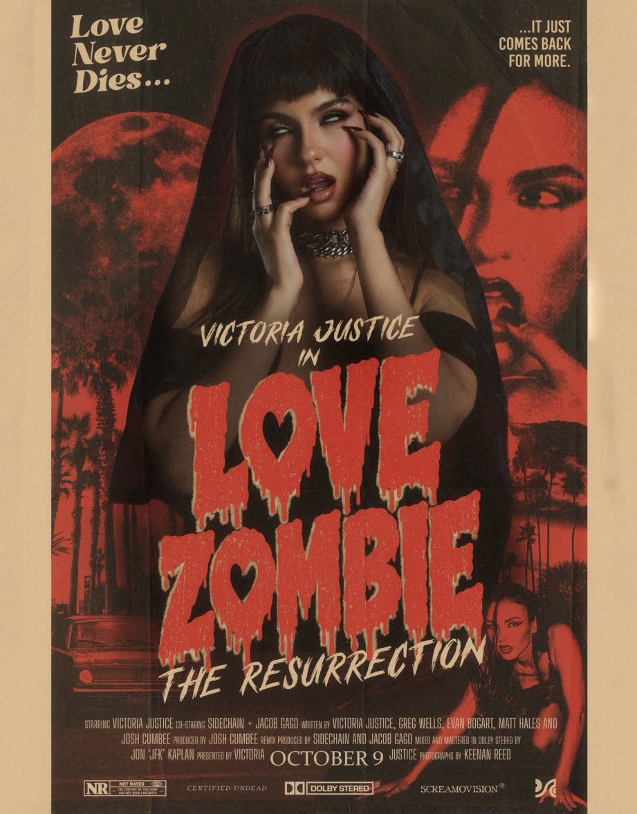 VictoriaCraving's tweet photo. Victoria Justice announces the releases of 'LOVE ZOMBIE: THE RESURRECTION REMIX coming October 9th.🧟‍♀️🩸❤️ https://t.co/rTFMwZAfLf