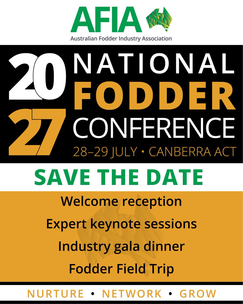AusFodder's tweet photo. Save the date! AFIA's National Fodder Conference returns to Canberra, 28–29 July 2027, Hotel Realm. More soon 👉 https://t.co/rU3jaA4aPv 

#AFIA #FodderConference #NationalFodderConference https://t.co/5T3n7mKOGg