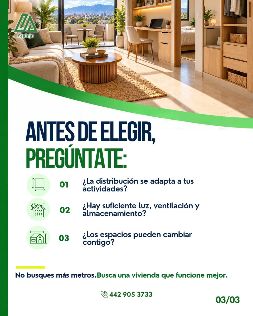 Aydeje's tweet photo. 🏡 ¿Cuántos metros necesitas para vivir bien? La respuesta no está solo en los m².

Una buena distribución, luz natural y espacios funcionales pueden hacer que una vivienda pequeña se sienta mejor.

Elige cómo vives, no solo cuánto mide.

#AYDEJE #BienesRaíces #Vivienda #Hogar https://t.co/Ric5jaF0EN