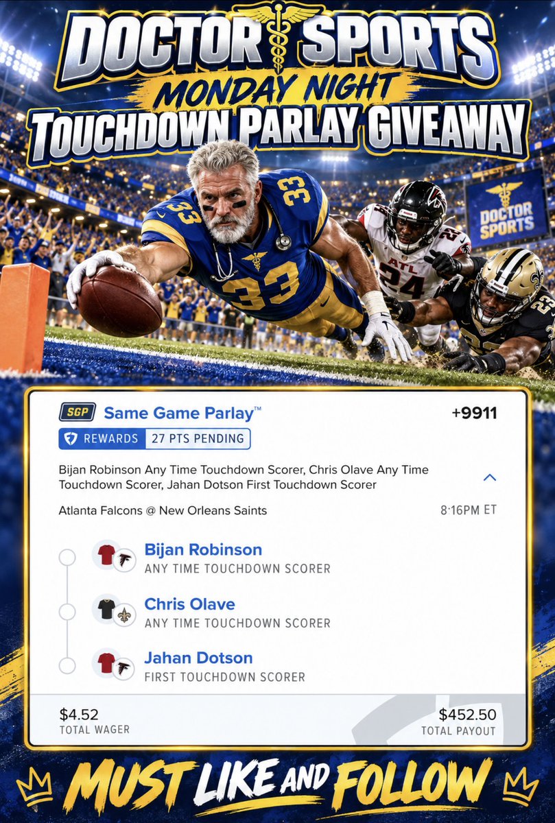 DoctorSports33's tweet photo. 🏈🔥 MONDAY NIGHT LIGHTS. BIG TOUCHDOWN ENERGY!

DOCTOR SPORTS IS GOING FOR THE END ZONE WITH A +9911 TOUCHDOWN PARLAY GIVEAWAY! 💰🎯

🚨 MUST LIKE THIS POST AND FOLLOW @DOCTORSPORTS33 TO ENTER!

$100 TO SOMEONE IF THIS IS A WINNER

@DoctorsportsHQ #vip #touchdown https://t.co/C8pMzqqLb3