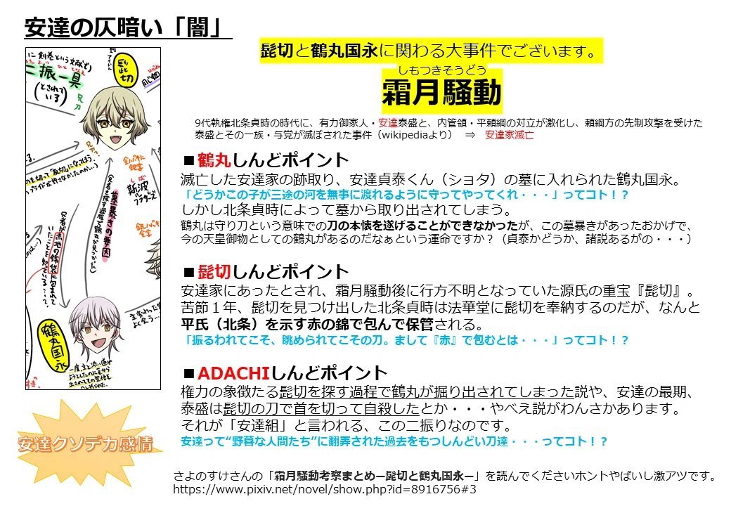 YyarashiinaY's tweet photo. 刀ブレで鶴丸国永に覚醒した人に「霜月騒動」を調べて欲しいけど、わしはこんな感じの印象で、なんとかして髭切にも刀ブレに出て欲しいです、の感情と

刀かぶと、夏レイドで鬼狩さんが被っていたのが赤い布だったらわしのいのちが危なかったです、の話もしたいわけで

これは2019年頃のわしの安達クソデカ感情