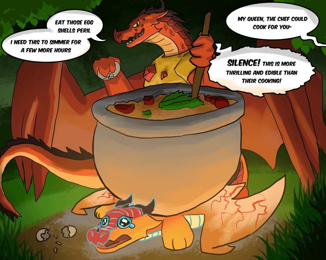 Beverly_Greene1's tweet photo. POV: Queen Scarlet decides to cook herself and uses Peril as stove 🍲#WingsOfFire #WOF #QueenScarlet #Peril #SkyWing #Firescales #WingsOfFireFanart #WOFMeme #ScarletAndPeril #DarkWOF https://t.co/28oRyNoF3l