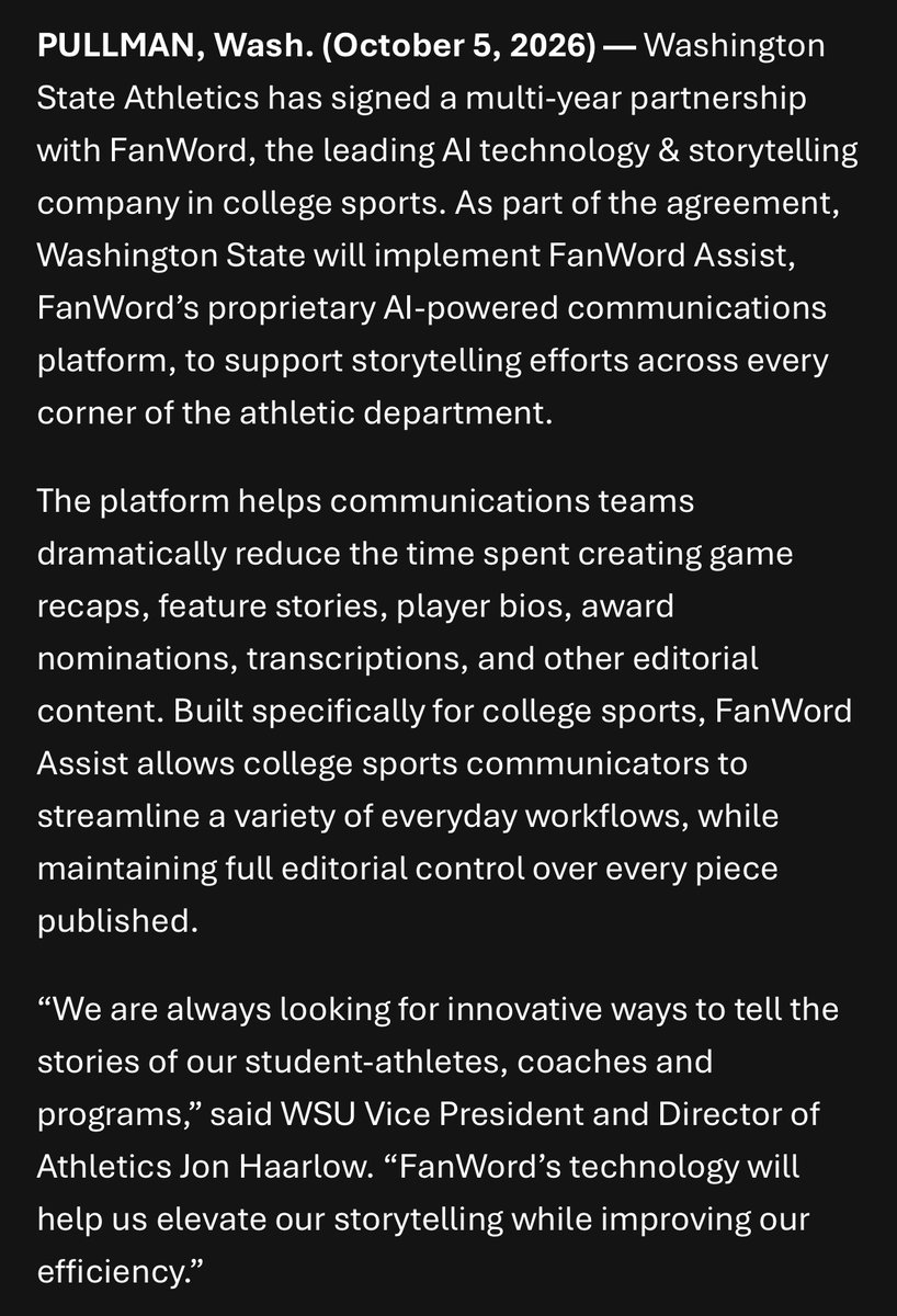 GregWWoods's tweet photo. News release: WSU is partnering with FanWord, an AI company, to create AI-generated stories like game recaps, feature stories, player bios and "other editorial content."

Soon, some of the content you see produced by @WSUCougars will be generated by AI https://t.co/ERhdR50jXR