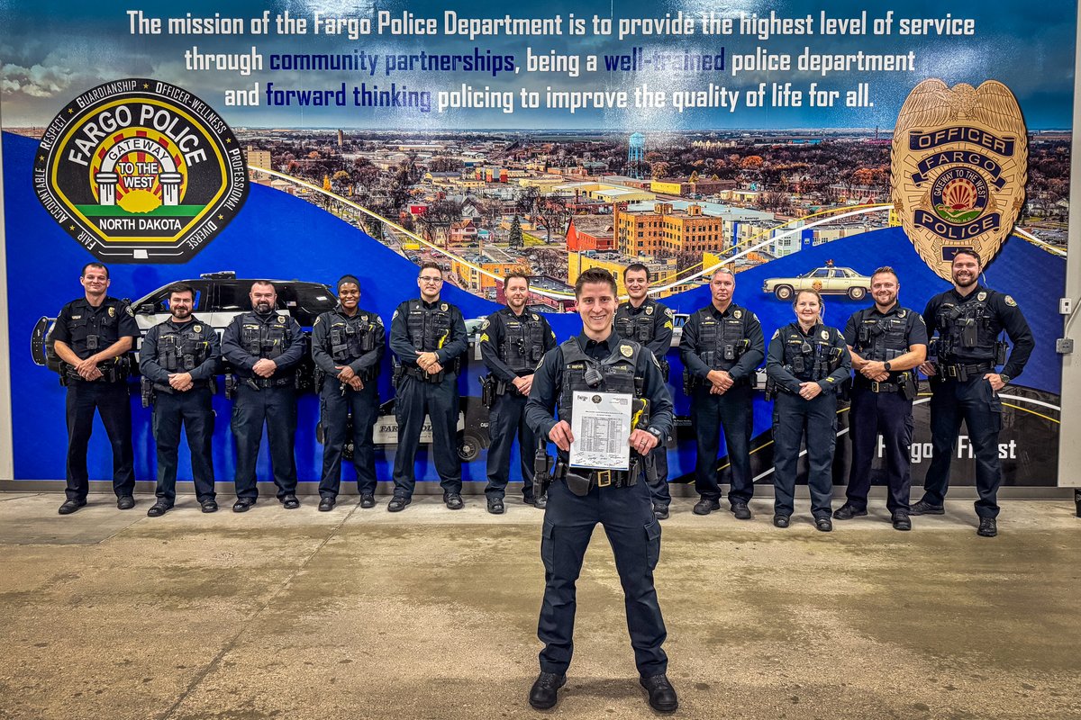 FargoPolice's tweet photo. Congrats to #FargoPD Officer Evan Mohr, who worked his first shift as a solo officer today, Monday, October 5. Officer Mohr, a graduate of Fargo Police Academy Class IX, is assigned to the day shift in service to our residents, businesses and visitors.

Congratulations, Officer Mohr, on achieving this milestone in your policing career, and welcome to #TeamFargo.