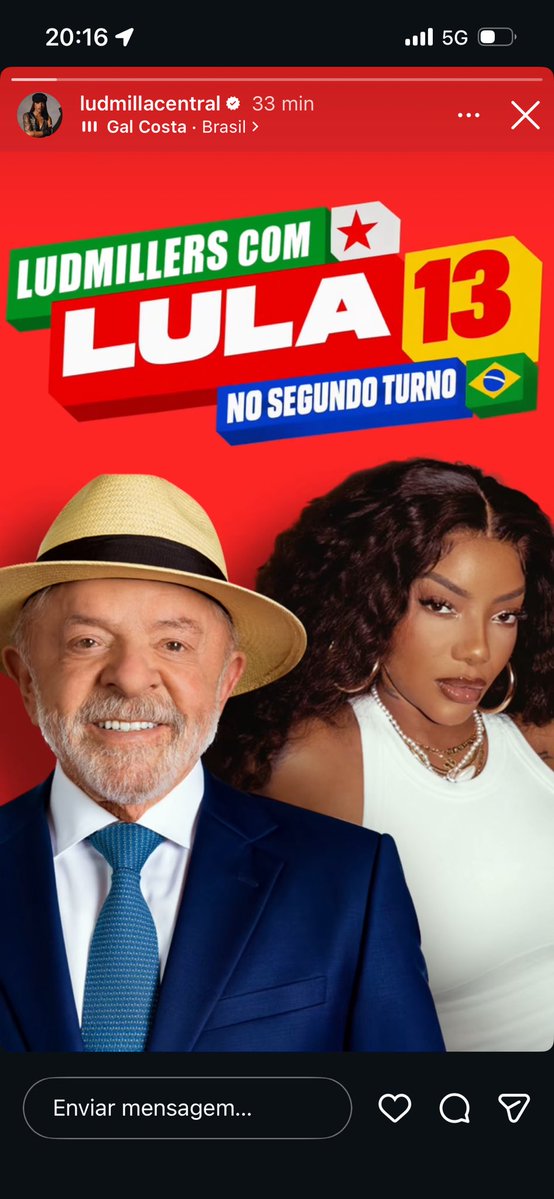 ludmillanobr's tweet photo. Ficamos contentes com a movimentação da central de fãs oficial da LUDMILLA em prol da reeleição do Lula nesse segundo turno, entendemos que é com a autorização dela E seguimos esperando o posicionamento da LUDMILLA, que é tão crucial nesse momento. https://t.co/HGZk96vsNt