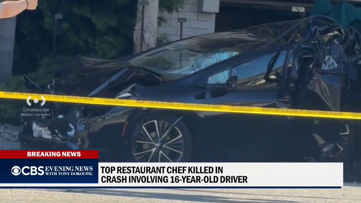 A severely damaged black car sits behind yellow caution tape at a crash scene, with a CBS Evening News chyron reading "TOP RESTAURANT CHEF KILLED IN CRASH INVOLVING 16-YEAR-OLD DRIVER" displayed at the bottom of the screen, illustrating the tragic Malibu incident where a Nobu chef was killed while sleeping in the back seat.