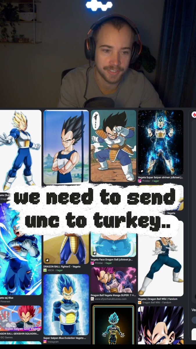 A man with a receding hairline wearing headphones appears on a livestream above a grid of Vegeta fan art, with bold overlaid text reading "we need to send unc to turkey.." poking fun at the visual resemblance between the streamer's hairline and Vegeta's signature look.
