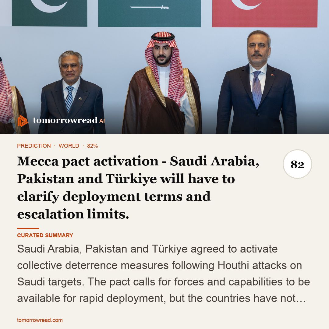tomorrowread's tweet photo. Saudi Arabia, Pakistan and Türkiye activate collective-defence measures after Houthi attacks. The ICC unseals warrants for four Taliban leaders; Brazil heads to a runoff after Bolsonaro edges Lula.

https://t.co/ixzxh9KHch

#TomorrowRead #AI #WorldNews #Foresight #News https://t.co/UWn4fXZSzY