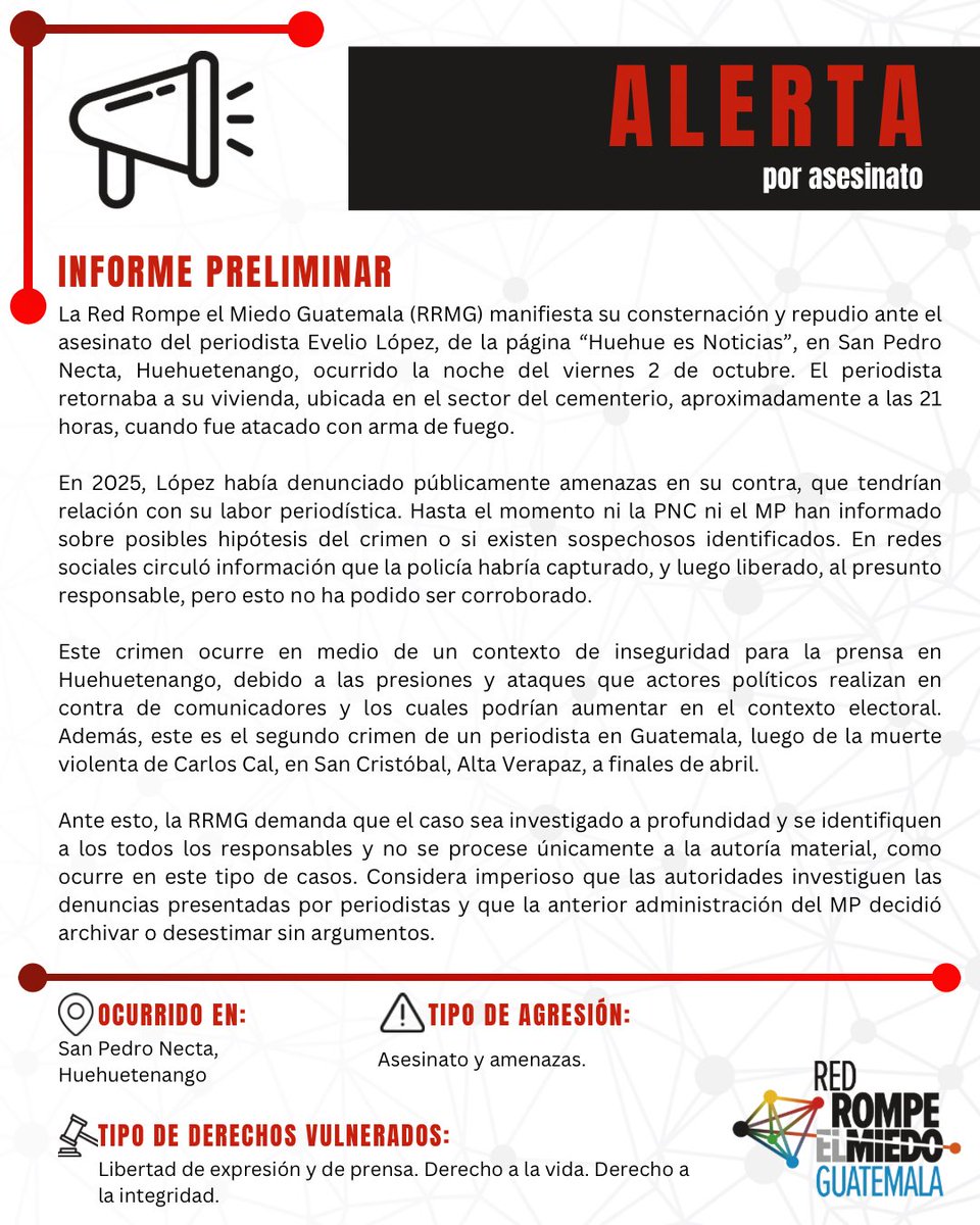 article19mxca's tweet photo. 🇬🇹 Como parte de la @RompeElMiedoGt, ARTICLE 19 condena el asesinato de Evelio Lisandro López Sánchez, periodista maya mam y fundador de Huehue es Noticias, perpetrado el 2 de octubre pasado en San Pedro Necta, #Guatemala. 

#JusticiaParaEvelioLópez

🧵 https://t.co/xqCXUrZqAQ