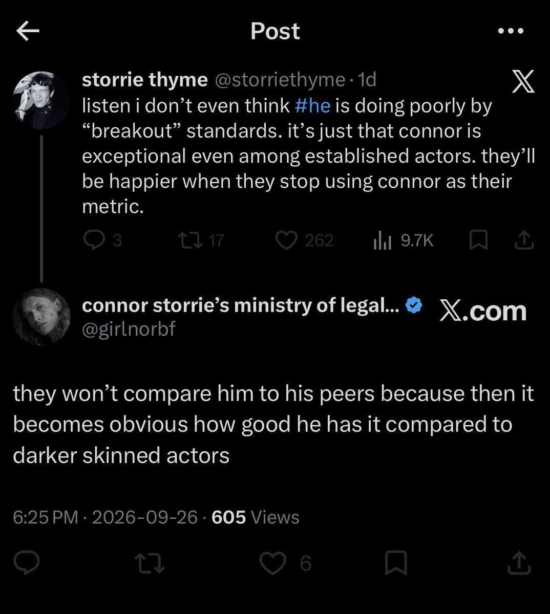 Northofsilencee's tweet photo. like this is Connor’s fanbase online in a nutshell 

“compared to darker skinned actors”

@girlnorbf you may have not been told today but you’re a right foul git. https://t.co/eXjEjbpWh7