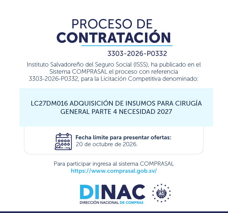 DINACsv's tweet photo. 📑 Consulta, participa y presenta tu oferta.
El proceso de Licitación Competitiva de @isss_gob_sv ya se encuentra disponible en #COMPRASAL.
⏳ Fecha límite: 20 de octubre 2026.
🔗 Accede al proceso y conoce sus requisitos en https://t.co/KCPRwQkEOt
#DINAC #ComprasPúblicasSV https://t.co/ATPyhFviEj