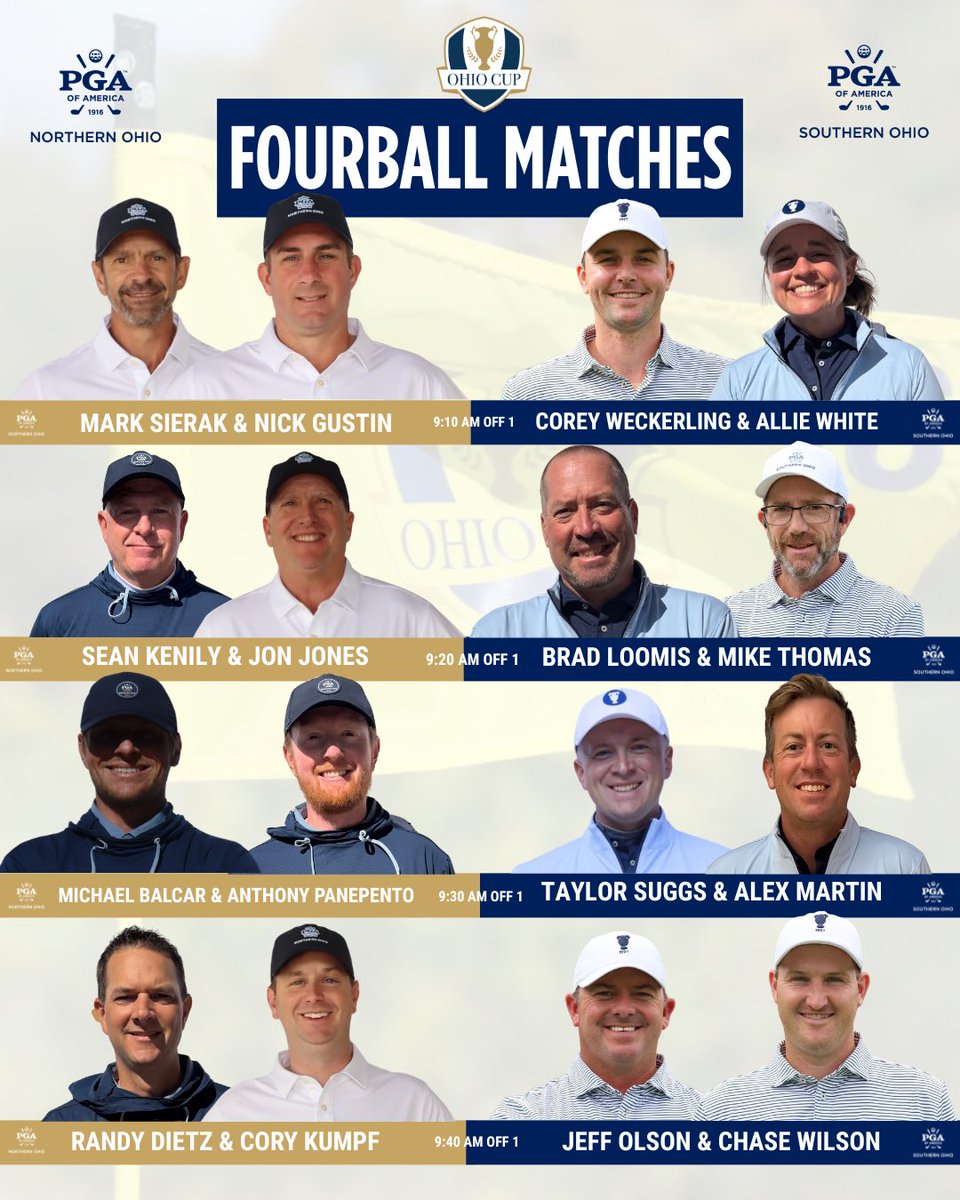NOhioPGA's tweet photo. The pairings are set! ⛳️ The 30th Ohio Cup Matches begin tomorrow at 8:30 AM with Fourball at Sand Ridge Golf Club. @SouthernOhioPGA 

Northern Ohio vs. Southern Ohio—let the matches begin! 🔵🔴

#welovethisgame https://t.co/515yk9woXY