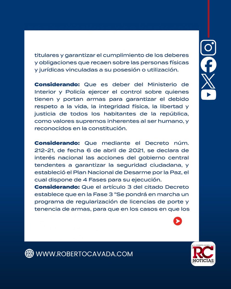 rcavada's tweet photo. El Ministerio de Interior y Policía (MIP) estableció un programa extraordinario de regularización para las personas que tengan vencidas sus licencias de porte y tenencia de armas de fuego.

https://t.co/4nRkc1g6kV

#RobertoCavada #RCNoticias #FarideRaful #InterioryPolicía #MIP https://t.co/P3p1TG9ttj
