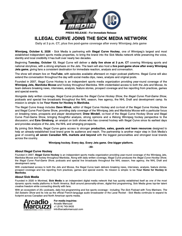 sickmediaco's tweet photo. Sick Media is proud to welcome Illegal Curve Hockey to our network! 🏒

Since 2007, @IllegalCurve has built a trusted voice in Winnipeg sports, delivering in-depth coverage of the Jets and Manitoba Moose.

Beginning October 13, fans can tune in to a daily live show at 3 p.m. CT, plus live post-game coverage after every Winnipeg Jets game.

We’re excited to partner with Dave Minuk, Drew Mindell and Ezra Ginsburg, supporting their continued growth with Sick Media’s production, sales and network resources while preserving the voice and local identity fans know and love.

This partnership marks another step in expanding our coverage across Canadian NHL markets and connecting fans with the voices closest to their teams.

#SickMedia #IllegalCurve #sick