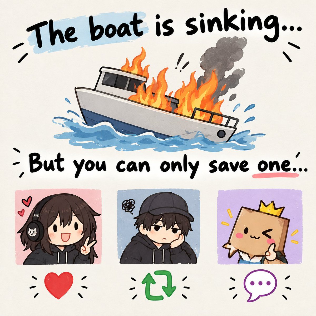 ZyraOnyx_vt's tweet photo. he boat is sinking… 😭
You can only save ONE. Who are you saving? 
#VTubers #VTuberEN https://t.co/0A11cMaoyr
