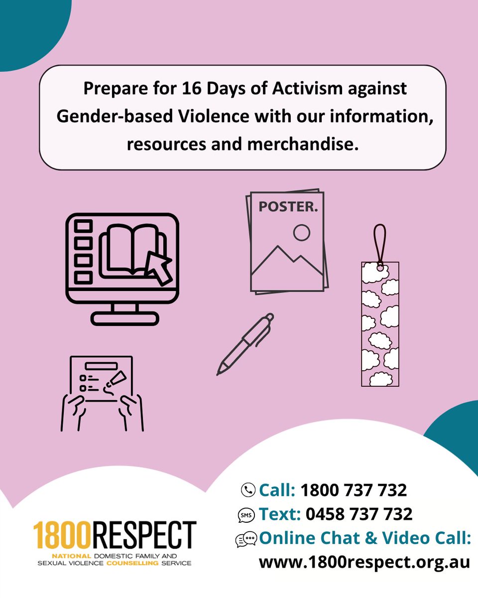 1800RESPECT's tweet photo. 1800RESPECT’s 16 Days of Activism campaign for 2026 is now live. You can access our information, resources and merchandise here: https://t.co/976xCSDrJt  

The 16 Days of Activism against Gender-based Violence campaign runs from 25 November to 10 December annually, and calls for the prevention and elimination of violence against women and girls. 

We all play a very important role in upholding and protecting the rights of others around us. If you know someone affected by violence and abuse: believe, listen and support them. Your response can make a big difference. 

Support is available if you or someone you know is affected by domestic, family and sexual violence.  
📞 Call 1800 737 732 
📱 Text 0458 737 732 
💻 Visit https://t.co/65chOxKh8h for online chat and video call services

#1800RESPECT #counselling #support #relationships #16days