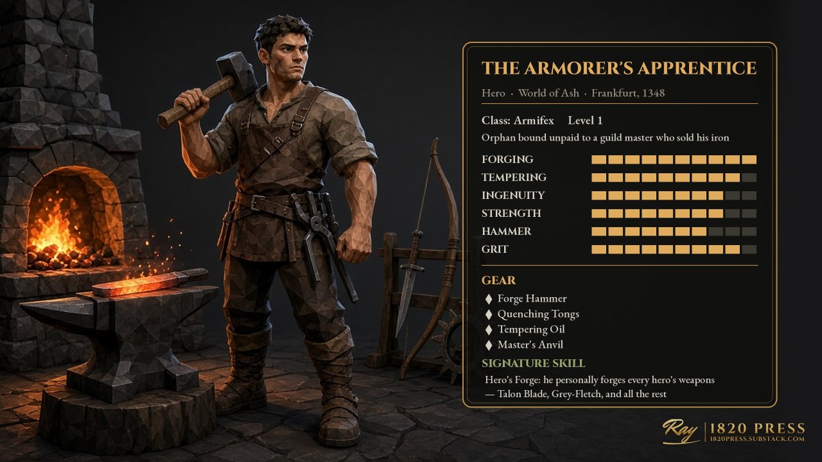 salmon1820's tweet photo. Meet the Armorer's Apprentice. Frankfurt, 1348.
Orphan. Worked unpaid by a guild master who sold his iron. He forges every hero's weapons.
What should he build? Send ideas. If we use yours, you're credited.
Villains are already here. Subscribers meet them first.
#WorldOfAsh https://t.co/fiDmYElzQT