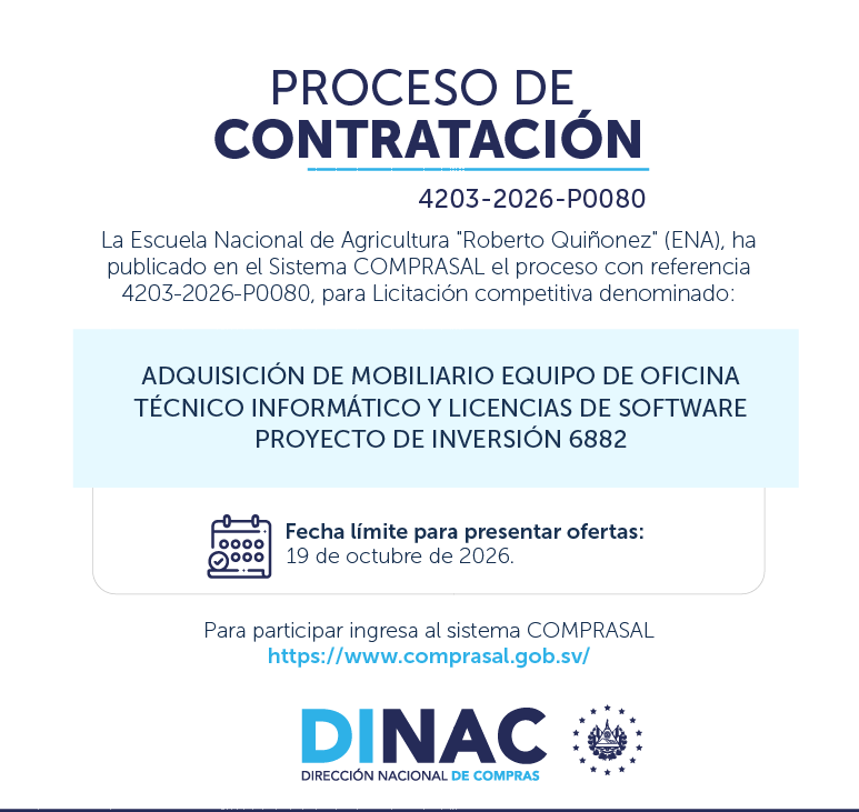 DINACsv's tweet photo. 🛒 Una nueva oportunidad de contratación está disponible en #COMPRASAL.
Conoce el proceso de Licitación Competitiva publicado por @ENA_ElSalvador prepara tu oferta.
📆 Fecha de presentación: 19 de octubre 2026.
🌐 Consulta información: https://t.co/KCPRwQkEOt
#DINAC #ComprasSV https://t.co/TrLXHYioHo