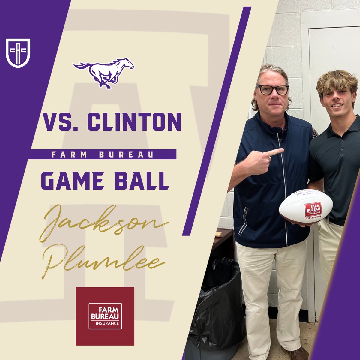 CAC_football's tweet photo. Jackson Plumlee received the Joe Monan Farm Bureau game ball this week for his efforts against Clinton!  Congratulations! #LTG https://t.co/rIR6abeCCO