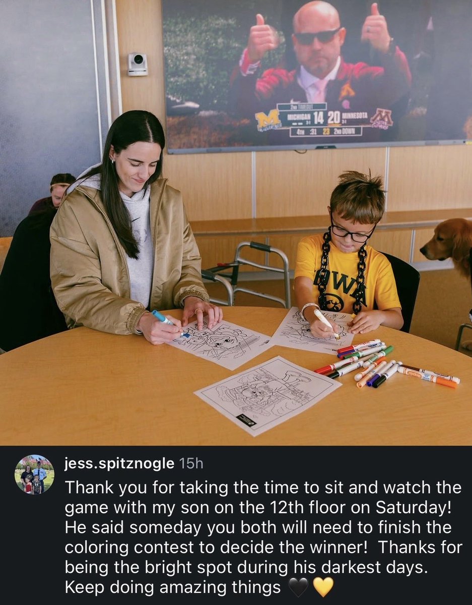 nosyone4's tweet photo. The mom of the little boy Caitlin sat with at the children’s hospital during the Iowa game wrote a touching message thanking Caitlin 

“Thank you for being the bright spot during his darkest days.”

This is what it’s all about ❤️‍🩹 https://t.co/x3P4iKg8mf