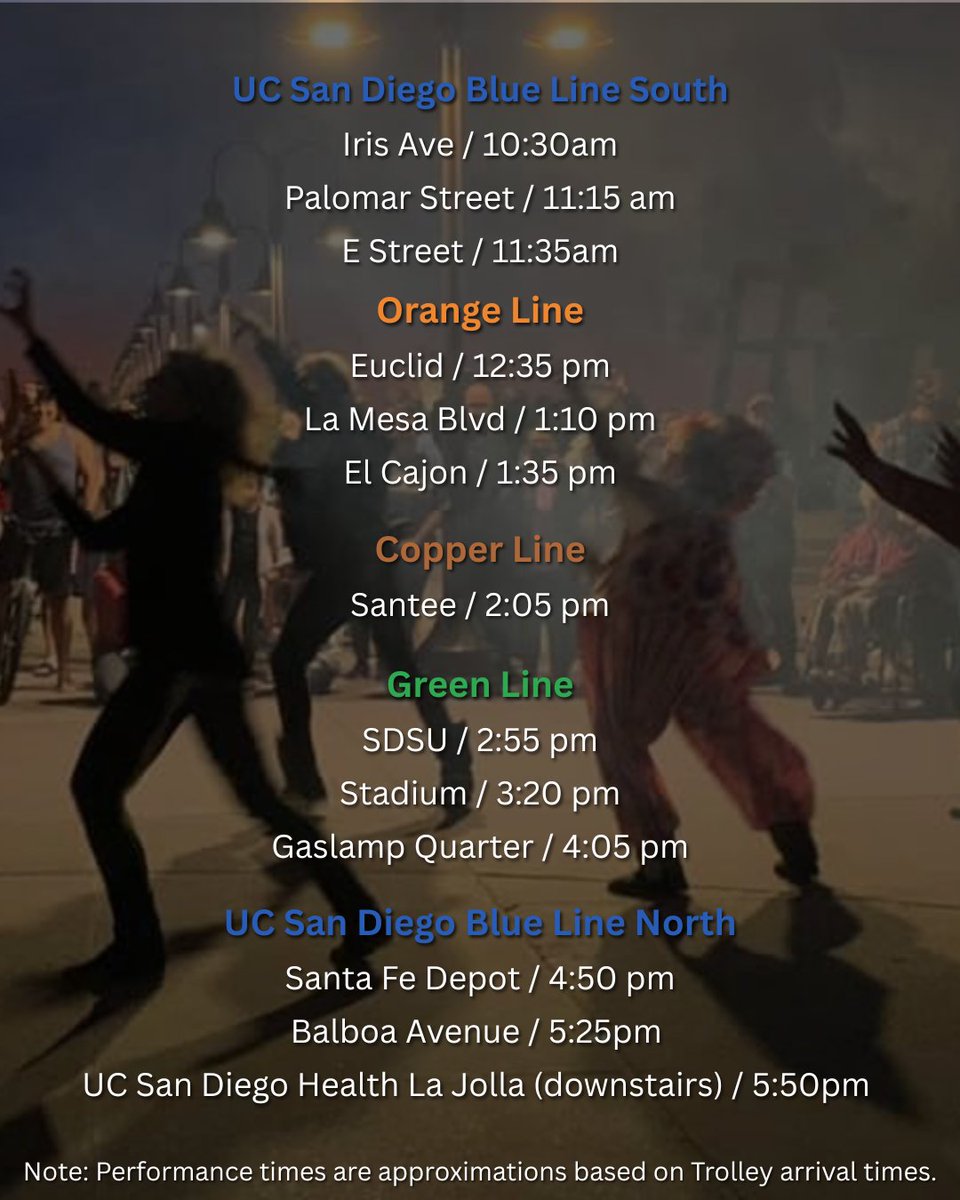 sdmts's tweet photo. 🧟‍♀️ Your commute is about to get a little spooky!

On Oct. 10, Thriller SD is bringing its annual Thriller dance performances to MTS! Check out the schedule below to see when and where you can catch the dancers around San Diego. https://t.co/hRdIlL4Zfg
