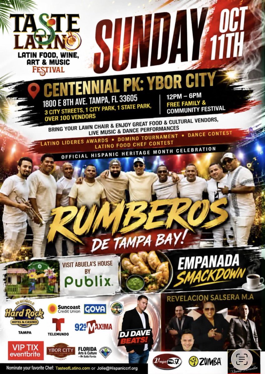 socialmediasass's tweet photo. The Taste of Latino Festival &amp; Empanada Smackdown takes place on Sunday, October 11, 2026, starting at 12:00 PM at Centennial Park in Ybor City, Tampa. 

#Tampa #TampaBay https://t.co/6GbbPGiI4D