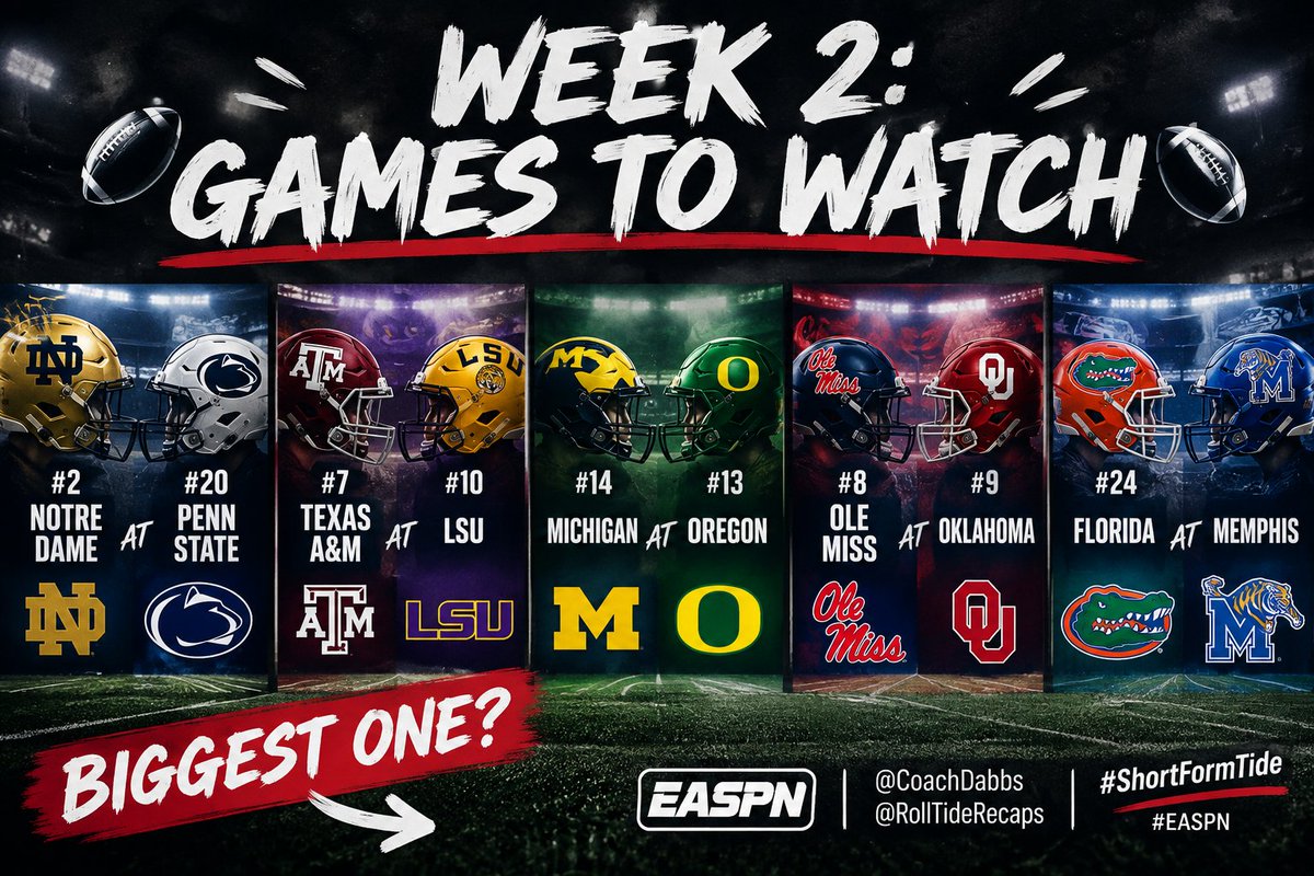 EASPNetwork's tweet photo. 🏈 WEEK 2: GAMES TO WATCH 🏈

📍 No. 2 Notre Dame at No. 20 Penn State
📍 No. 7 Texas A&amp;M at No. 10 LSU
📍 No. 14 Michigan at No. 13 Oregon
📍 No. 8 Ole Miss at No. 9 Oklahoma
📍 No. 24 Florida at Memphis

Biggest one? 👇
@CoachDabbs @RollTideRecaps #EASPN #ShortFormTide https://t.co/9OPyIG7Ted