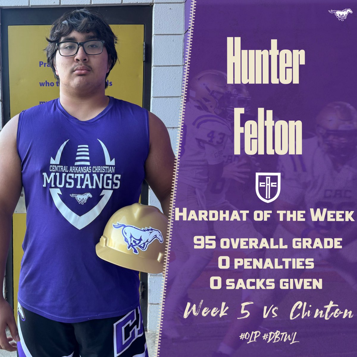 CAC_football's tweet photo. Hunter Felton has earned the Hardhat of The Week award for best performance. He worked hard on and off the field!  Great job!  He’s not the weakest link!! #LGT https://t.co/hP2aFzNf31