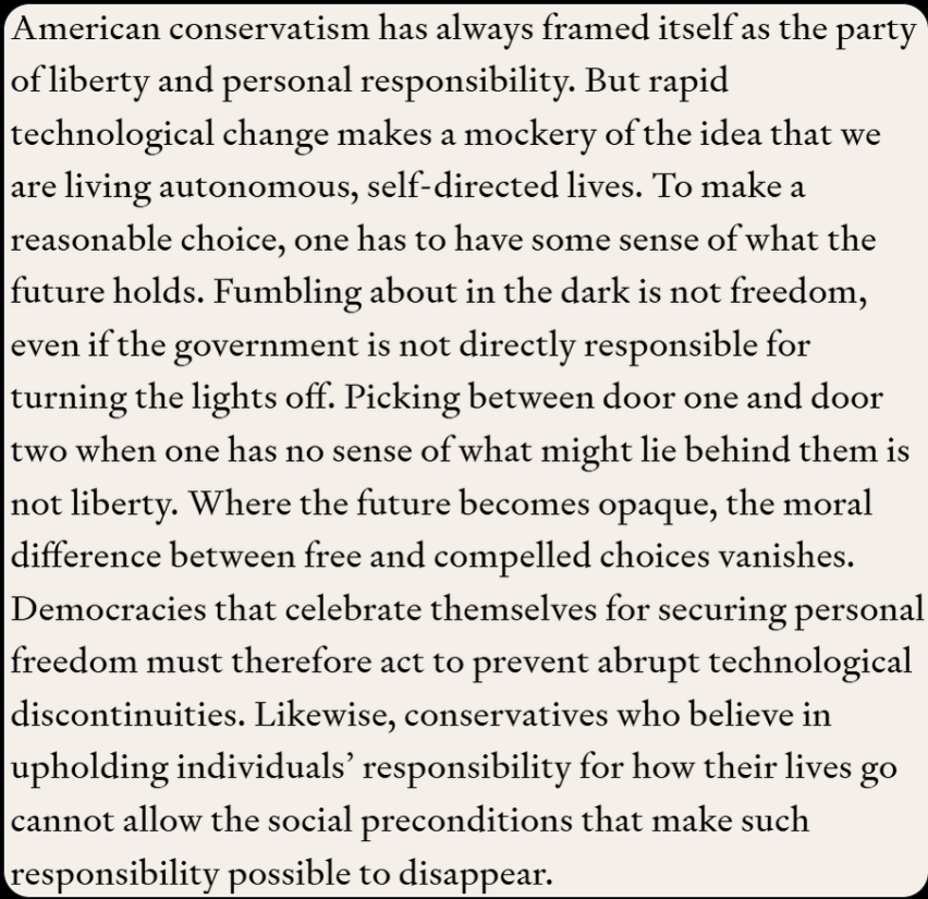 GregoryConti19's tweet photo. This is one of the worst parts of our present moment: living a free, self-directed life according to one's best-laid plans has been rendered impossible due to the uncertainty that AI brings. https://t.co/H08UdSWQm4