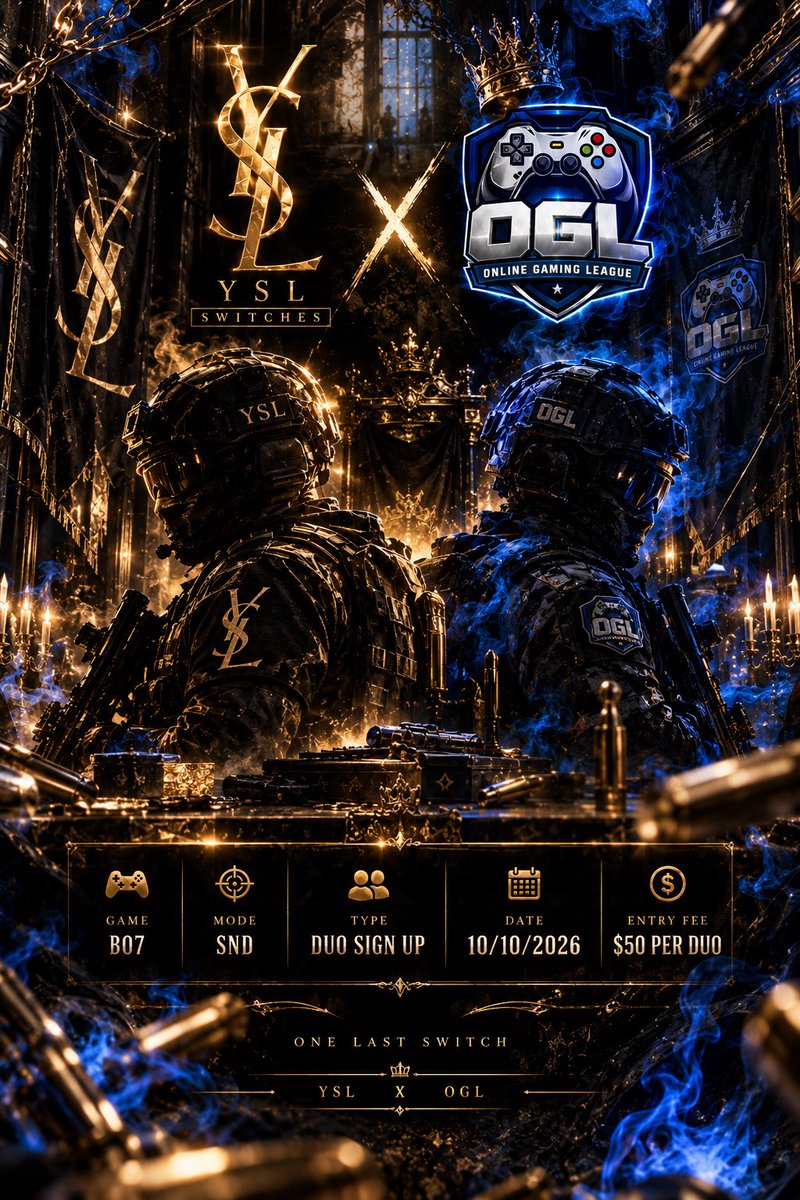 ogl_au's tweet photo. #lfsanzcod 🏆 YSL x OGL — THE FINAL BO7 SWITCH 🏆

For the ultimate BO7 send-off, YSL x OGL are teaming up for ONE LAST DUO S&D SWITCH 🤝

This one’s running a little differently:

🎰 YSL — Stream, spins, team shuffles and the usual Switch setup.

🌐 OGL — Register your duo on OGL’s website, once teams are locked from spins, the tournament moves to OGL where the bracket and tournament will be managed from start to finish.

EVENT DETAILS

🎮 BO7 — S&D
👥 Duo Entry Switch (4v4)
📅 Saturday, 10 October, Spins starting at 3:30pm (AEDT)
💰 $50 Per Duo ($25 per player)
📲 Pay ID: 0423 802 491

YSL Switches has had some insane teams, runs and moments throughout BO7 — now we’re closing it out properly.

Get your duo locked in and register now.

👑 ONE LAST SWITCH. ONE FINAL BO7 SEND-OFF 👑

YSL x OGL

REGISTER YOUR DUO VIA THE LINK BELOW ⬇️ 

https://t.co/Gjj29zl5TW