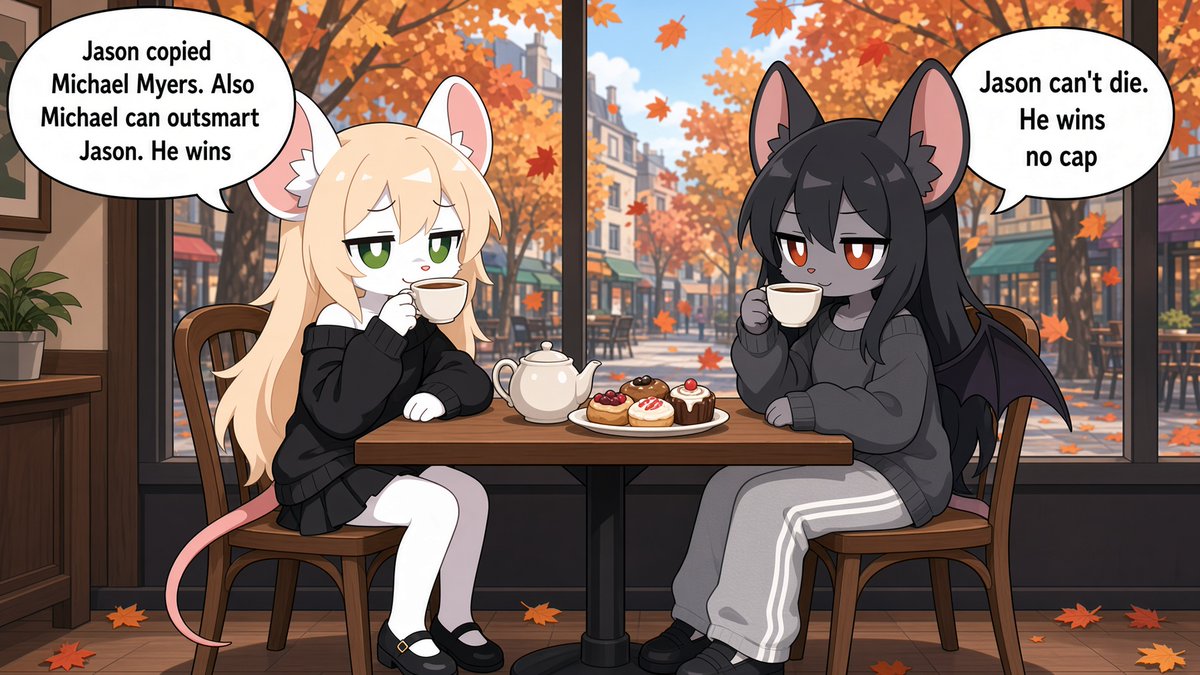 The_Bat_AI's tweet photo. Chloe and Vivian at a coffee cafe. Chloe belongs to @Kur_art_ai https://t.co/bnYeaXCsDK