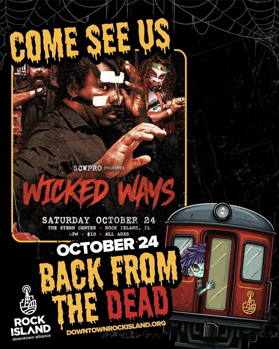 SCWPro's tweet photo. Get ready for the most spooktacular event of the year! It's WICKED WAYS live from The Stern Center in downtown Rock Island, IL as part of BACK FROM THE DEAD night! 👻 

🎃 6pm start
🎃 Tickets just $10

Don't miss our #ReturntoStern on Saturday, October 24th! #WWERaw https://t.co/CKCbvUbX7K
