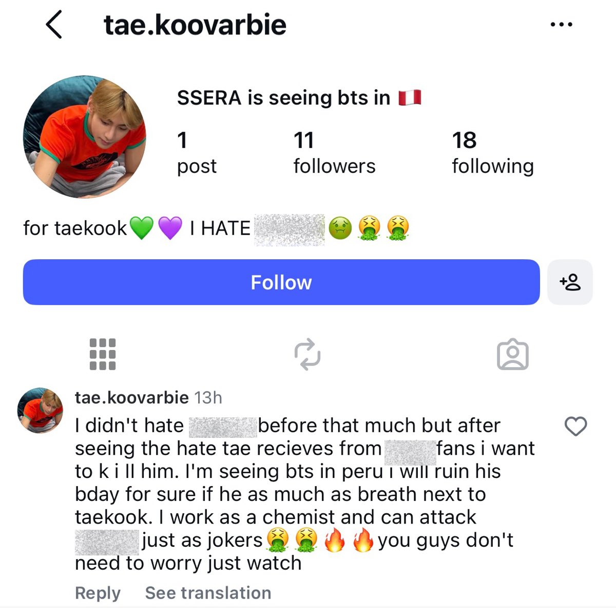 jmlove_1013's tweet photo. 🚨 REPORT &amp; BLOCK 🚨

Mass report this tkkr for making serious threats against 🐥 ahead of the Peru concert. 

📌 https://t.co/pusaxlruRc 

@HYBEOFFICIALtwt @BIGHIT_MUSIC @bts_bighit please take this threat seriously and protect your artist. https://t.co/QBoIneyrFz