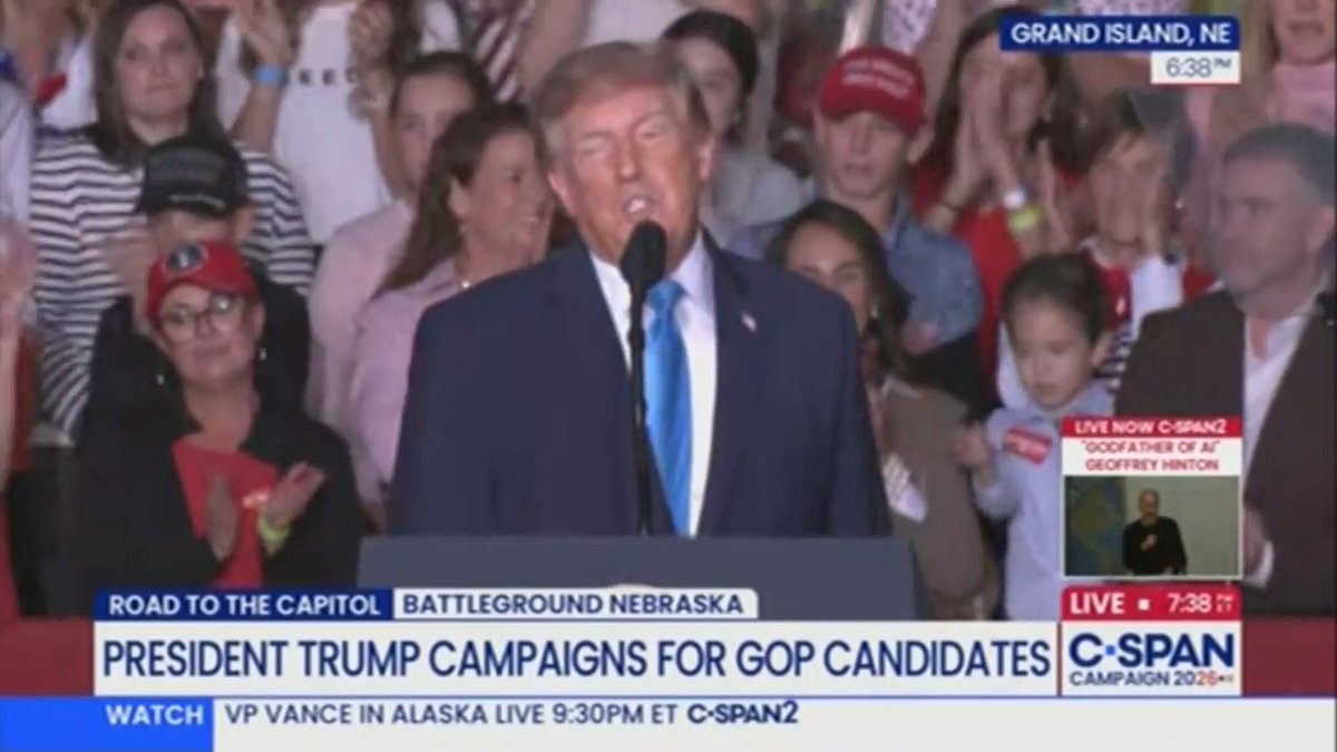 President Trump speaks at a podium in Grand Island, Nebraska, during a "Road to the Capitol" campaign rally for GOP candidates, as shown on C-SPAN's live broadcast. The event context relates to his comment about higher gas prices being "a small price to pay," likely tied to his campaigning on economic issues in the battleground state.