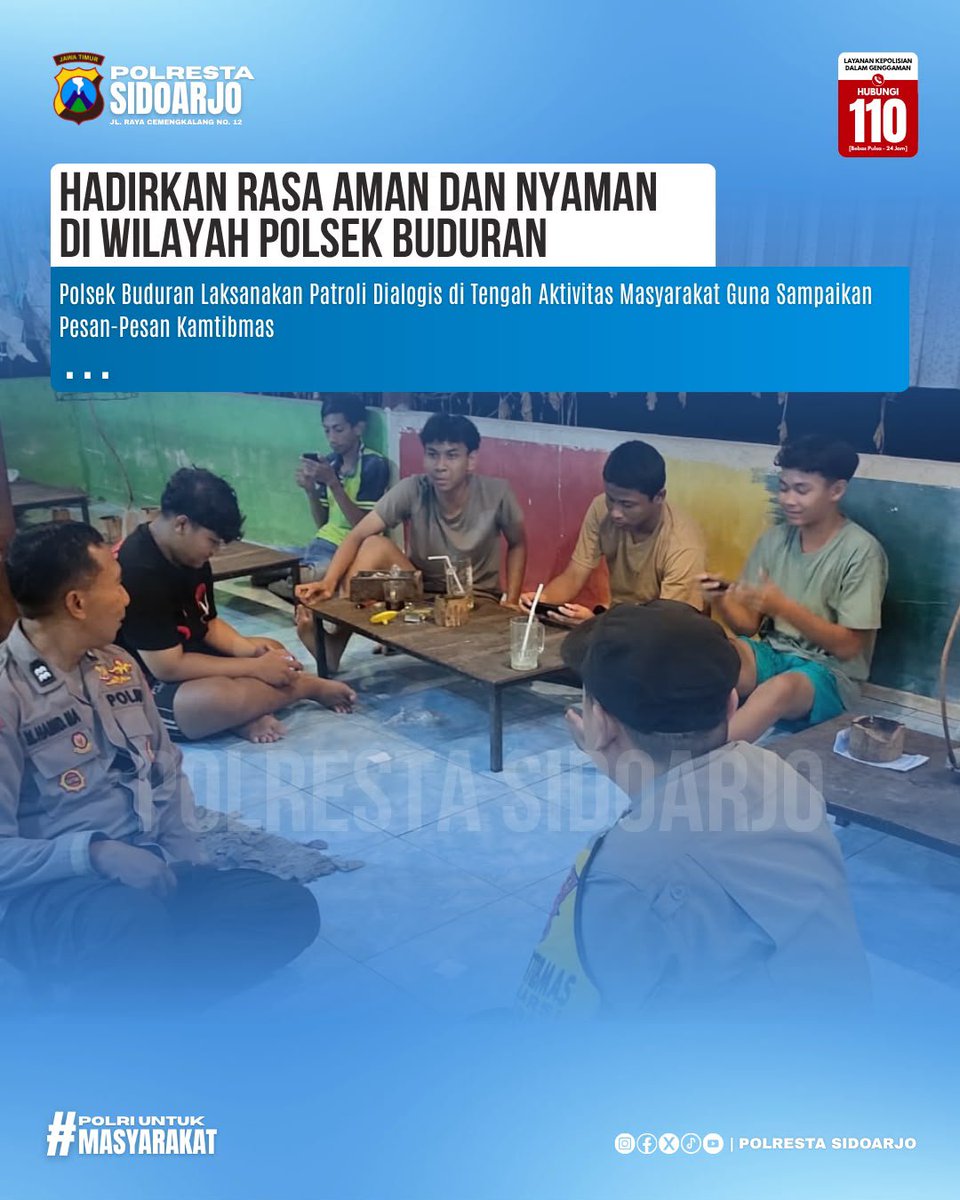 Deltasitik's tweet photo. Di tengah suasana santai di warkop, anggota Unit Patroli dan Bhabinkamtibmas Polsek Buduran hadir menyapa para remaja, berdialog, sekaligus menyampaikan pesan Kamtibmas.

#PolrestaSidoarjo
#PolisiBersamaMasyarakat
#HadirUntukMasyarakat https://t.co/i155QedlfS