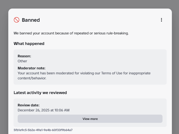 Xhoxey's tweet photo. @Roblox i have been Trying to appeal to my ban, the entire month has passed and i had no response from you but constantly being sent to a Portal for appealing a specific violation that does Not exist

Latest support ticket: 184051779

i've got my reason changed 3 times now, cmon. https://t.co/2GUx84nBOr
