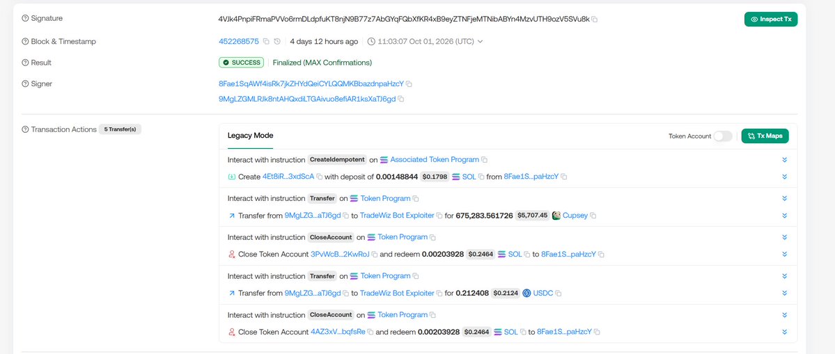 Jack0fAllChains's tweet photo. @TradeWiz_Bot my brother lost 675,283 $CUPSEY valued around $4.2K in your security incident. The on-chain trail shows it going to the wallet labeled “TradeWiz Bot Exploiter” and being sold minutes later.
He has submitted everything requested and is still waiting with no refund or concrete timeline, despite your public promise to fully compensate verified losses.
Please honor that commitment. @CrashiusClay69 @ABassette1972