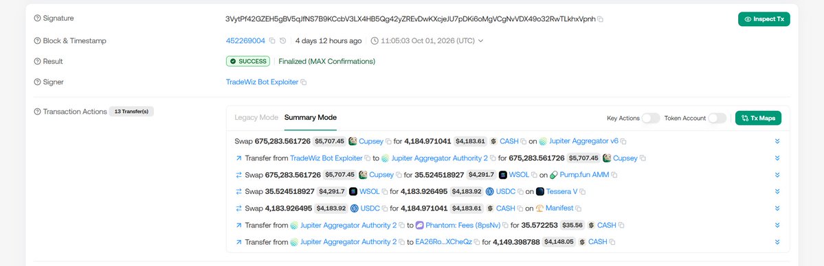 Jack0fAllChains's tweet photo. @TradeWiz_Bot my brother lost 675,283 $CUPSEY valued around $4.2K in your security incident. The on-chain trail shows it going to the wallet labeled “TradeWiz Bot Exploiter” and being sold minutes later.
He has submitted everything requested and is still waiting with no refund or concrete timeline, despite your public promise to fully compensate verified losses.
Please honor that commitment. @CrashiusClay69 @ABassette1972
