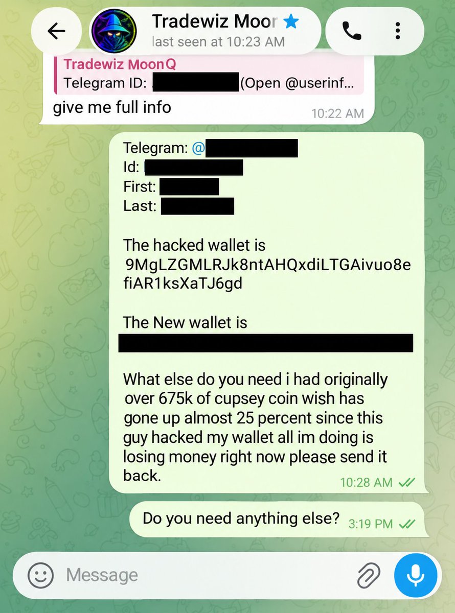 Jack0fAllChains's tweet photo. @TradeWiz_Bot my brother lost 675,283 $CUPSEY valued around $4.2K in your security incident. The on-chain trail shows it going to the wallet labeled “TradeWiz Bot Exploiter” and being sold minutes later.
He has submitted everything requested and is still waiting with no refund or concrete timeline, despite your public promise to fully compensate verified losses.
Please honor that commitment. @CrashiusClay69 @ABassette1972