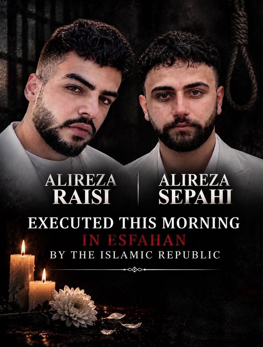 Adi13's tweet photo. This morning, Iran lost two more of its sons.

Alireza Raisi and Alireza Sepahi were executed in Esfahan.

Two lives taken. Two families shattered. Two names that must never be allowed to disappear into silence.

I’m sorry we could not save you. I’m sorry the world did not hear our voices loudly enough. I’m sorry your families must now carry a grief no family should ever be forced to endure.

But we will remember you.

We will speak your names. We will carry your stories forward. We will make sure you are not reduced to a headline or a number.

Rest in peace, Alireza Raisi and Alireza Sepahi.

You are gone, but you will not be forgotten. Your names will live on.
😔