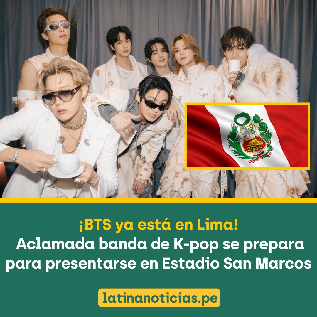 Latina_Noticias's tweet photo. 🔴 ¡BTS llegó al Perú! Suga, Jungkook, V, Jimin, J-Hope, Jin y RM acaban de tocar suelo peruano luego de ofrecer dos conciertos en Colombia, Bogotá. Los artistas de la banda surcoreana de K-pop se preparan para presentarse los días 7, 9 y 10 de octubre en el Estadio San Marcos. https://t.co/xzKC3lhFAP